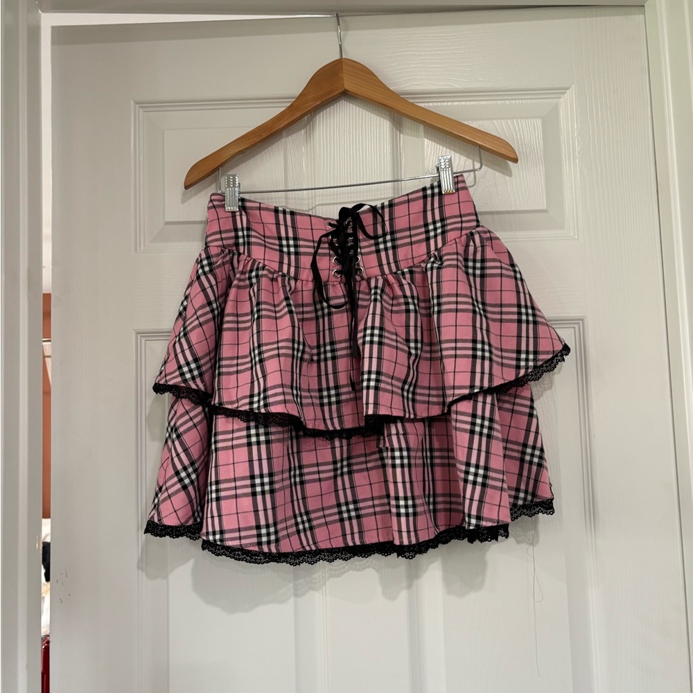 Hot Topic Pink Plaid Skirt with Lace Trim